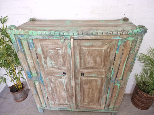Vintage Rustic Indian Green Wooden Shop Display Bathroom Kitchen Drinks Cabinet