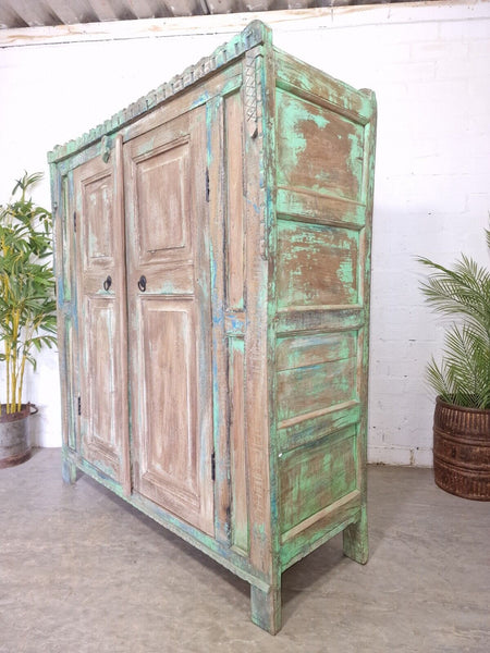 Vintage Rustic Indian Green Wooden Shop Display Bathroom Kitchen Drinks Cabinet