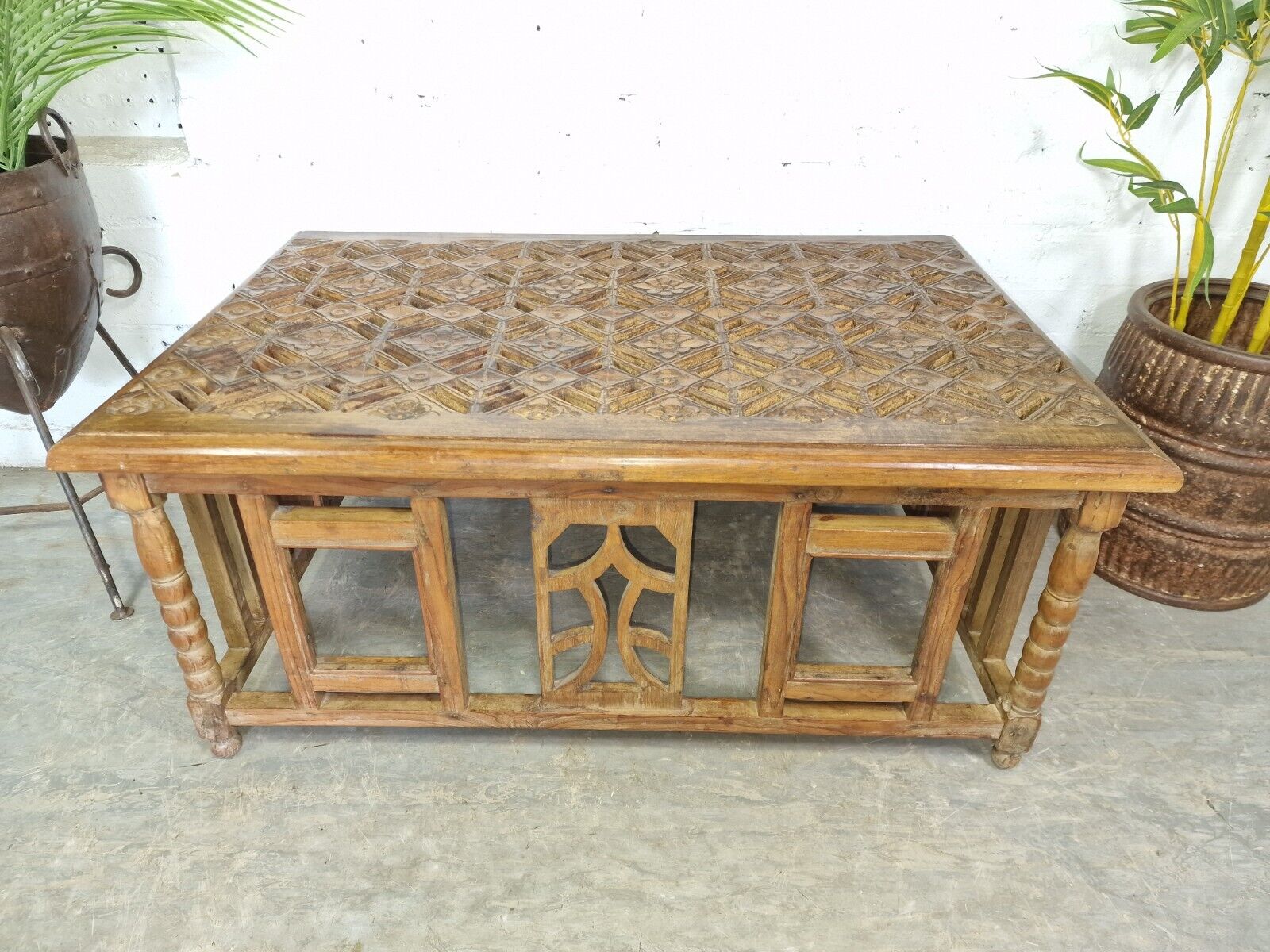 Antique Indian Colonial Hand Carved Solid Wooden Coffee Table
