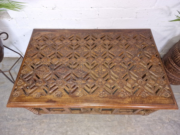 Antique Indian Colonial Hand Carved Solid Wooden Coffee Table