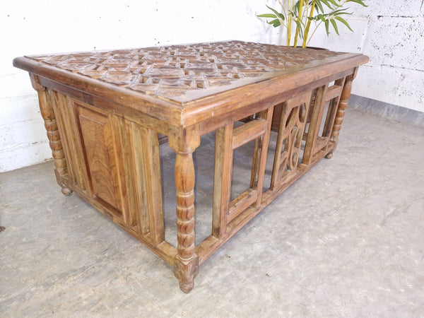 Antique Indian Colonial Hand Carved Solid Wooden Coffee Table