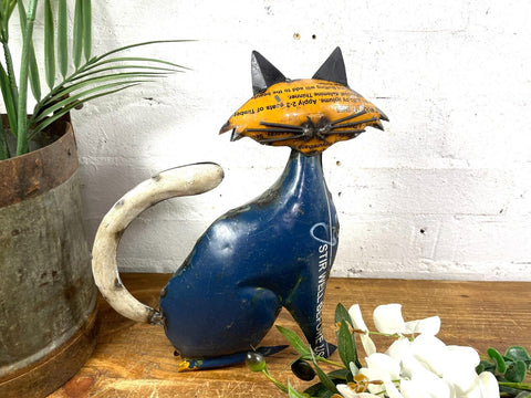 Hand Made Reclaimed Recycled Metal Oil Drum Paint Tin Pussy Cat Sculpture Garden