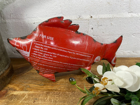 Hand Made Reclaimed Recycled Metal Oil Drum Paint Tin Fish Sculpture Garden