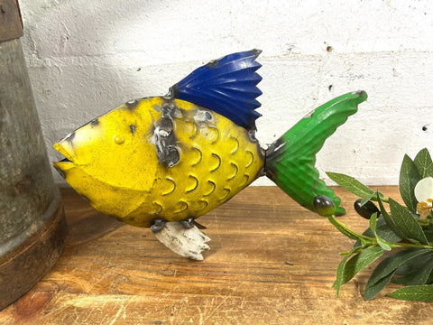 Hand Made Reclaimed Recycled Metal Oil Drum Paint Tin Fish Sculpture Garden