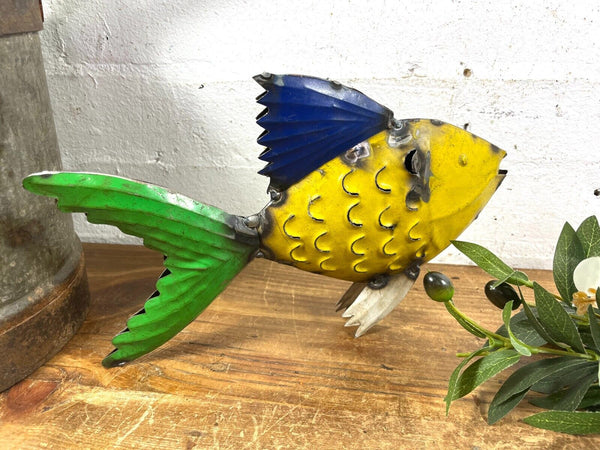 Hand Made Reclaimed Recycled Metal Oil Drum Paint Tin Fish Sculpture Garden