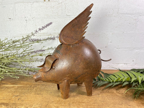 Rustic Rusty Reclaimed Metal Oil Drum Tin Flying Pig Money Box Sculpture Garden