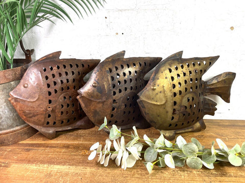 Rustic Rusty Reclaimed Metal Oil Drum Tin Fish Candle Lantern Sculpture Garden
