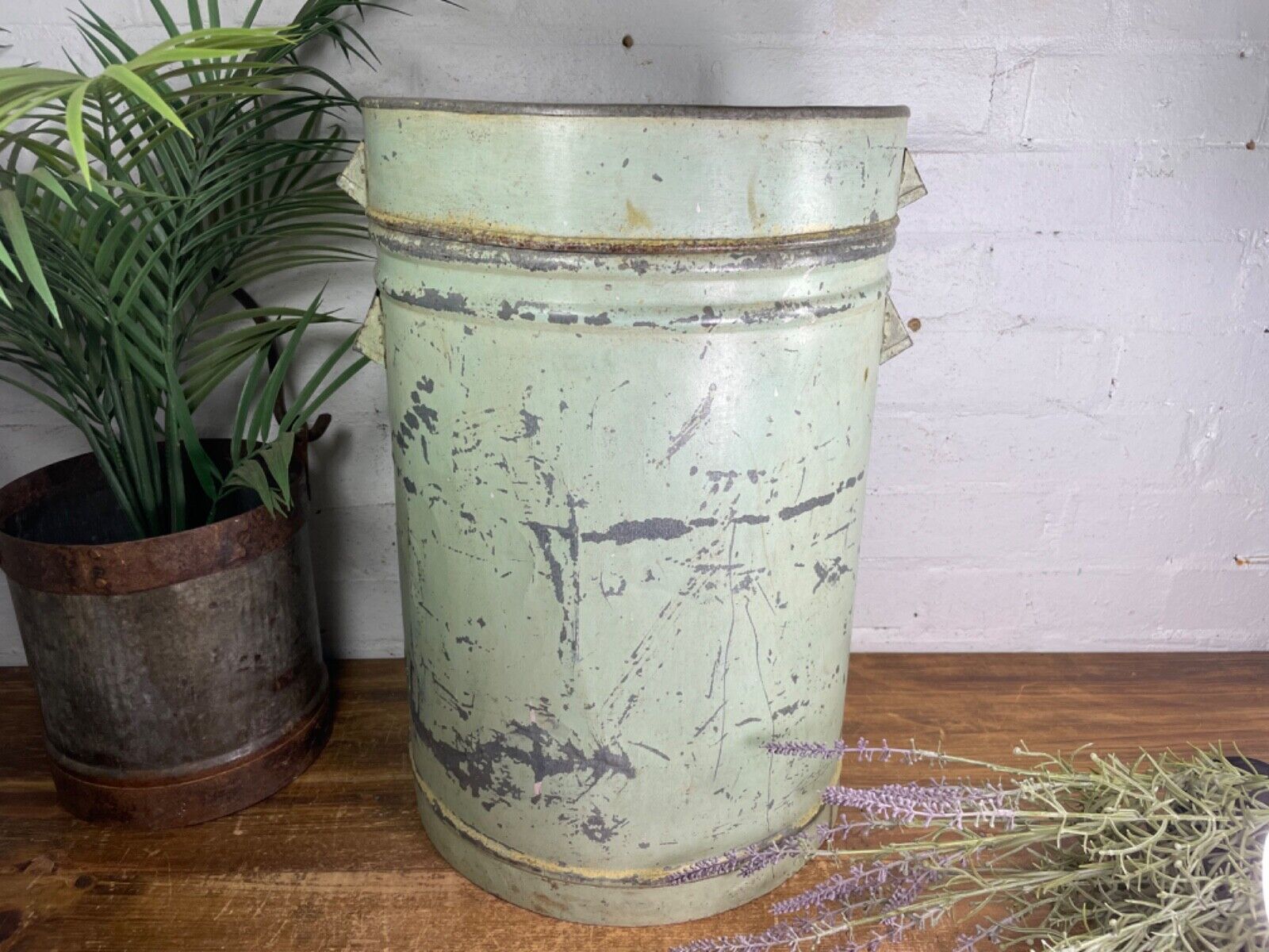 Vintage Indian Industrial Galvanised Metal Rice Grain Storage Drum Bin Cannister
