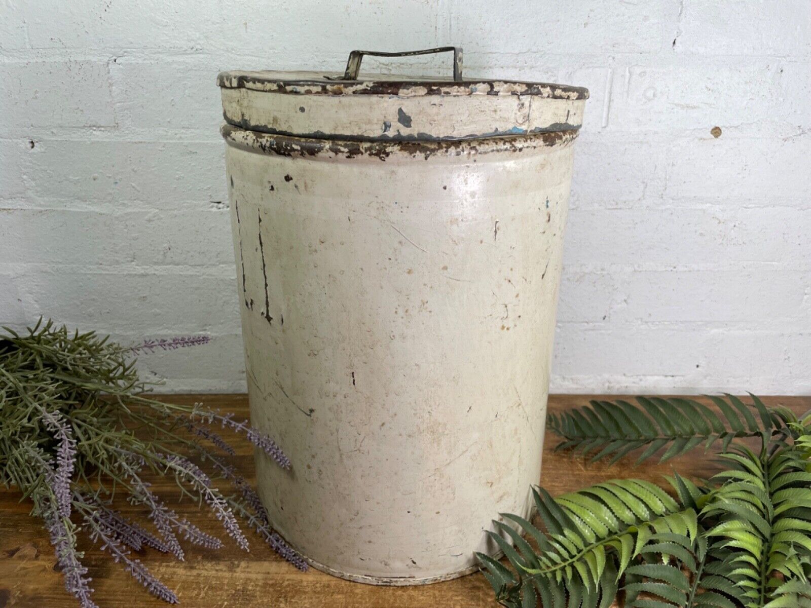 Vintage Indian Industrial Galvanised Metal Rice Grain Storage Drum Bin Cannister