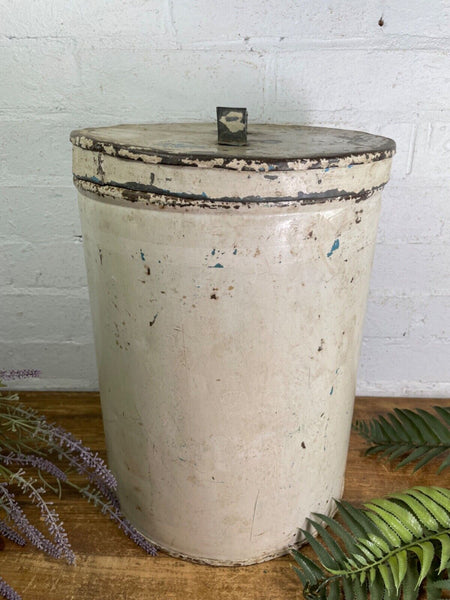 Vintage Indian Industrial Galvanised Metal Rice Grain Storage Drum Bin Cannister