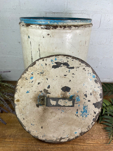 Vintage Indian Industrial Galvanised Metal Rice Grain Storage Drum Bin Cannister