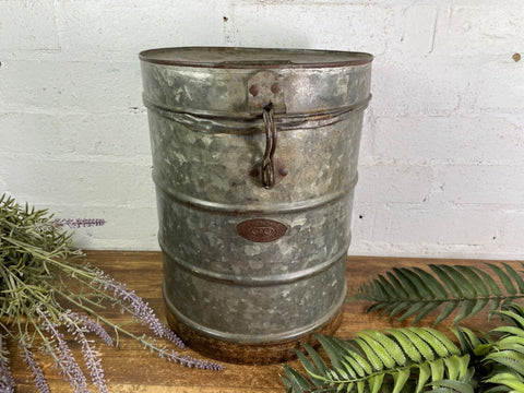 Vintage Indian Industrial Galvanised Metal Rice Grain Storage Drum Bin Cannister