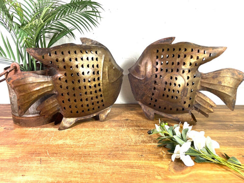 Rustic Rusty Reclaimed Metal Oil Drum Tin Fish Candle Lantern Sculpture Garden