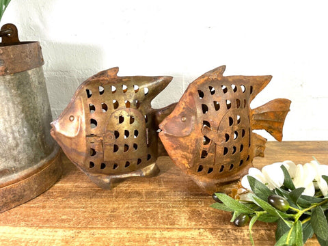 Rustic Rusty Reclaimed Metal Oil Drum Tin Fish Candle Lantern Sculpture Garden