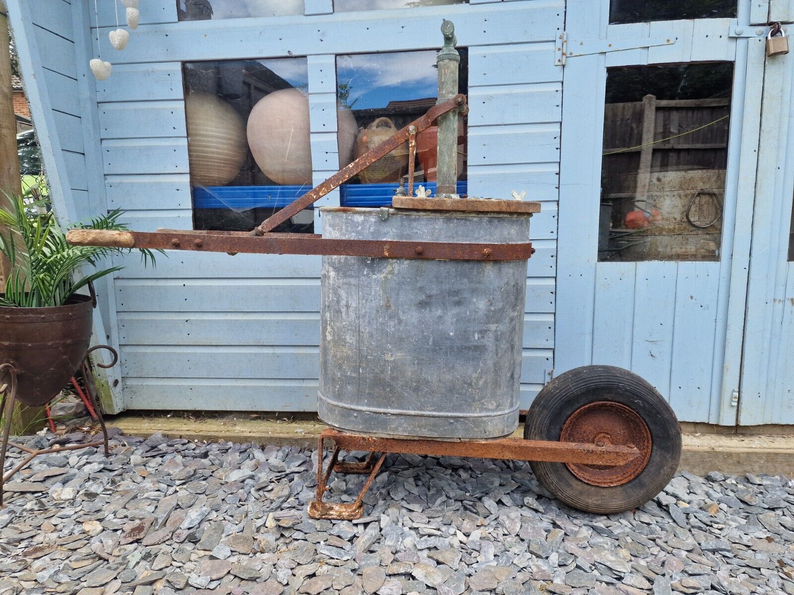 Old Antique Vintage Galvanised Water Pump Carrier Sprayer Trolley Garden Planter