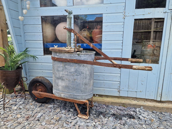 Old Antique Vintage Galvanised Water Pump Carrier Sprayer Trolley Garden Planter