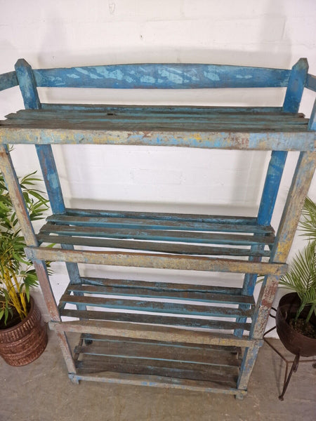 Vintage Reclaimed Indian Solid Wooden Blue Shelves Bookcase Racking