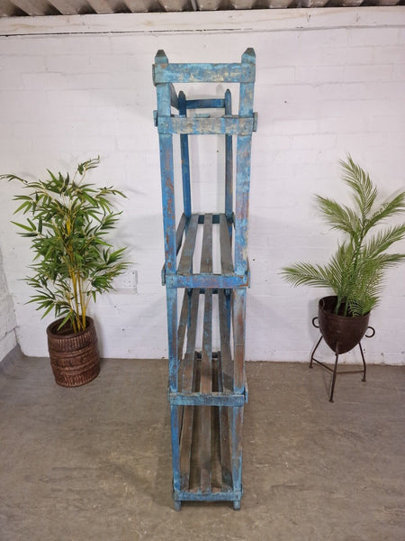 Vintage Reclaimed Indian Solid Wooden Blue Shelves Bookcase Racking