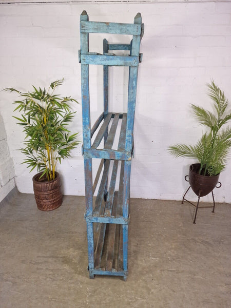 Vintage Reclaimed Indian Solid Wooden Blue Shelves Bookcase Racking