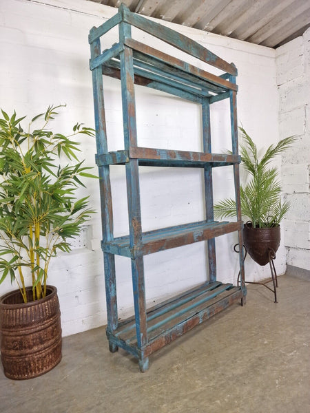 Vintage Reclaimed Indian Solid Wooden Blue Shelves Bookcase Racking
