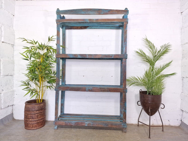 Vintage Reclaimed Indian Solid Wooden Blue Shelves Bookcase Racking