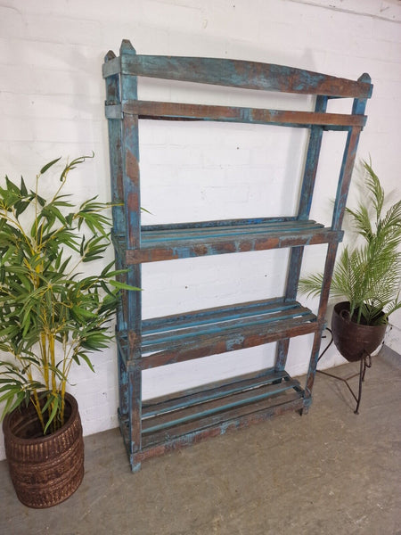 Vintage Reclaimed Indian Solid Wooden Blue Shelves Bookcase Racking