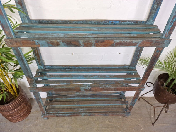 Vintage Reclaimed Indian Solid Wooden Blue Shelves Bookcase Racking