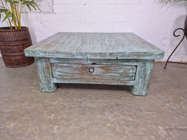 Vintage Rustic Indian Reclaimed Blue Low Wooden Coffee Table With Drawer