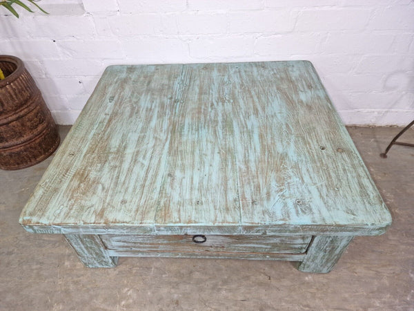 Vintage Rustic Indian Reclaimed Blue Low Wooden Coffee Table With Drawer