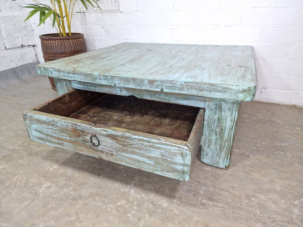 Vintage Rustic Indian Reclaimed Blue Low Wooden Coffee Table With Drawer