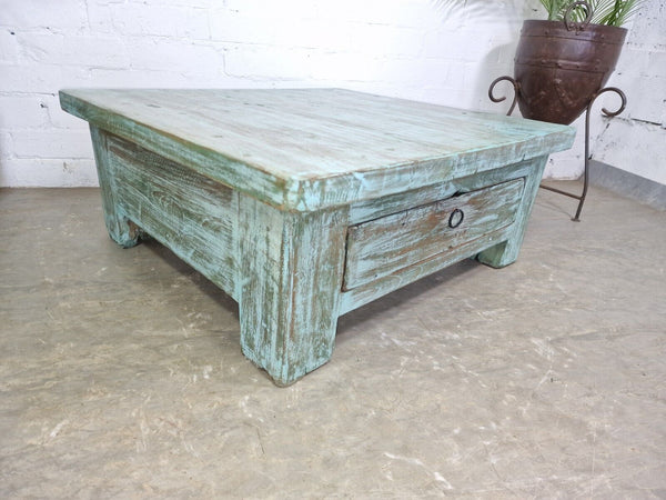 Vintage Rustic Indian Reclaimed Blue Low Wooden Coffee Table With Drawer