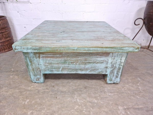Vintage Rustic Indian Reclaimed Blue Low Wooden Coffee Table With Drawer
