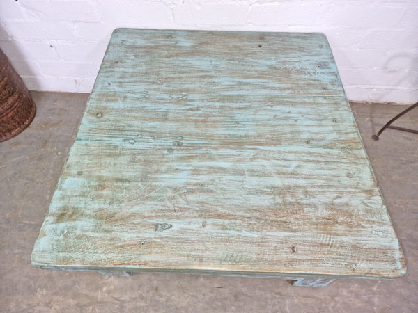 Vintage Rustic Indian Reclaimed Blue Low Wooden Coffee Table With Drawer