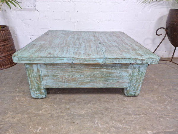 Vintage Rustic Indian Reclaimed Blue Low Wooden Coffee Table With Drawer