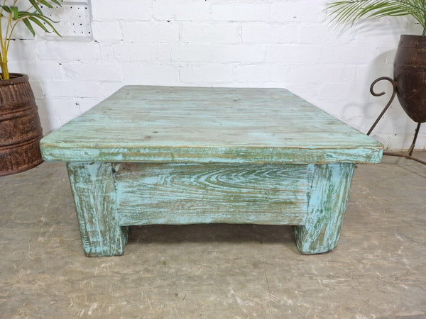Vintage Rustic Indian Reclaimed Blue Low Wooden Coffee Table With Drawer