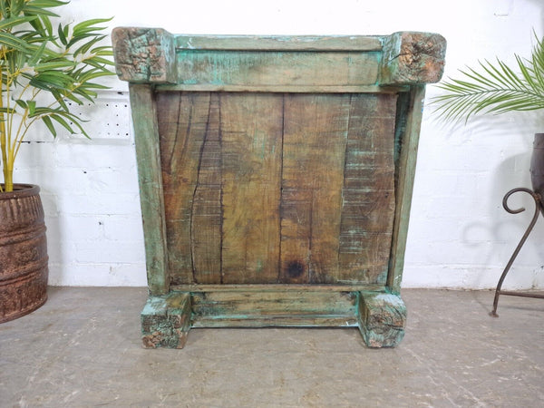 Vintage Rustic Indian Reclaimed Blue Low Wooden Coffee Table With Drawer