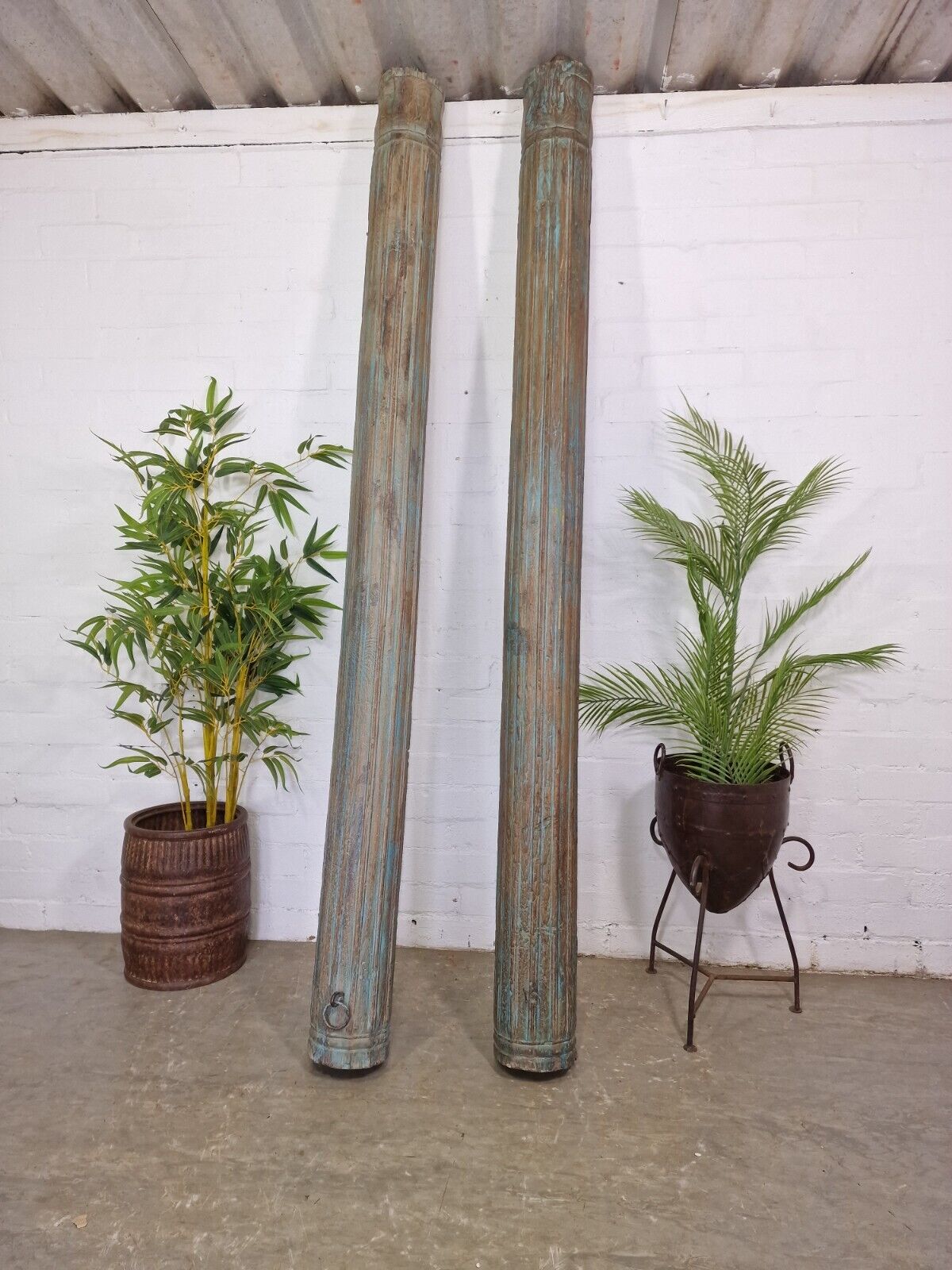 Pair Antique Vintage Reclaimed Hand Carved Solid Indian Wooden Column Pillar