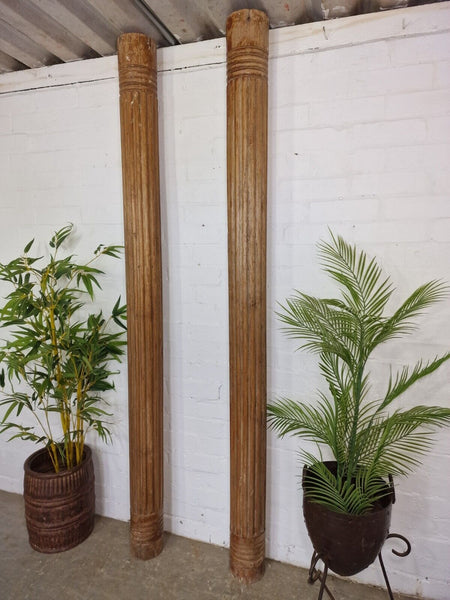 Pair Antique Vintage Reclaimed Hand Carved Solid Indian Wooden Column Pillar