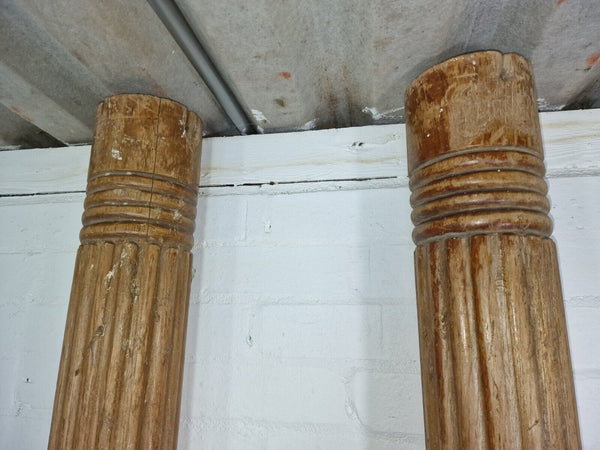 Pair Antique Vintage Reclaimed Hand Carved Solid Indian Wooden Column Pillar