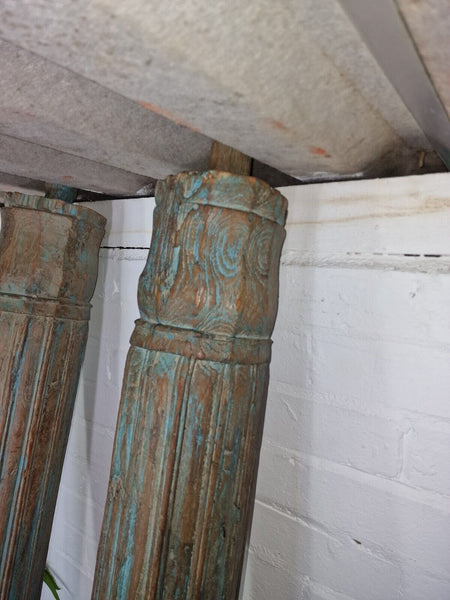 Pair Antique Vintage Reclaimed Hand Carved Solid Indian Wooden Column Pillar