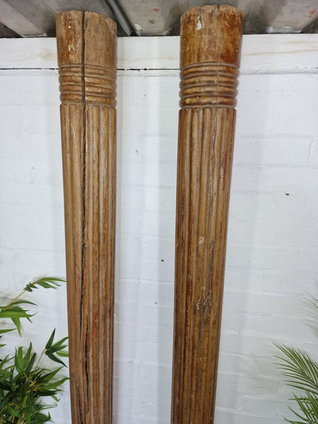 Pair Antique Vintage Reclaimed Hand Carved Solid Indian Wooden Column Pillar
