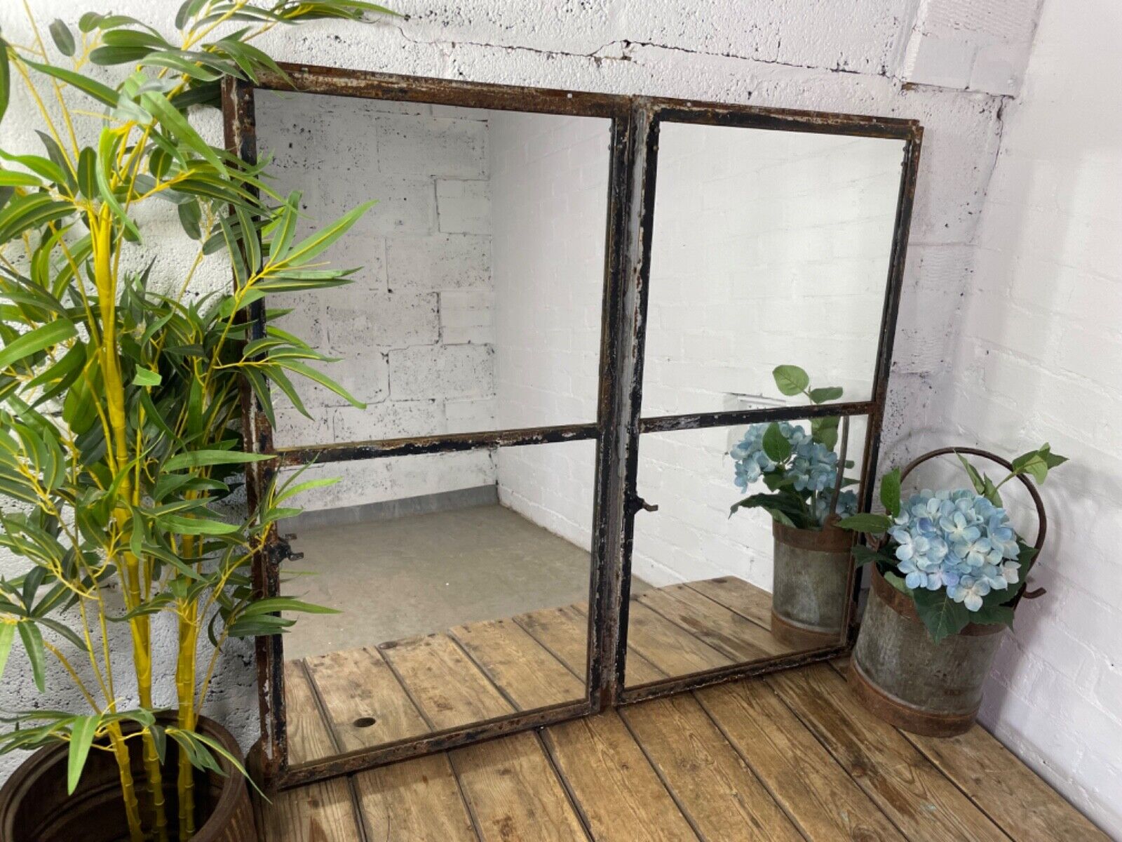 Vintage Reclaimed Industrial Cast Wrought Iron Metal Window Frame Garden Mirror