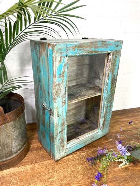 Vintage Rustic Indian Wooden Glazed Shop Display Bathroom Kitchen Wall Cabinet