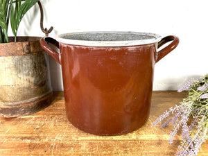 Vintage French brown Enamel Cooking Pot Tub Garden Planter