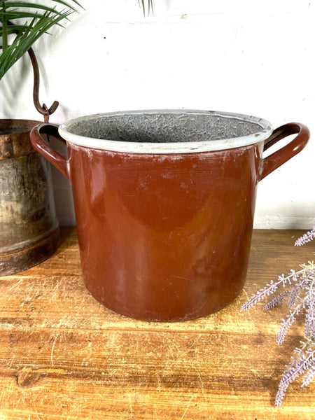 Vintage French brown Enamel Cooking Pot Tub Garden Planter