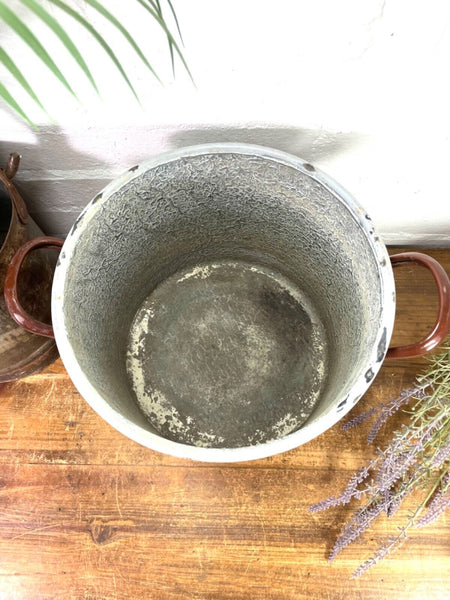 Vintage French brown Enamel Cooking Pot Tub Garden Planter
