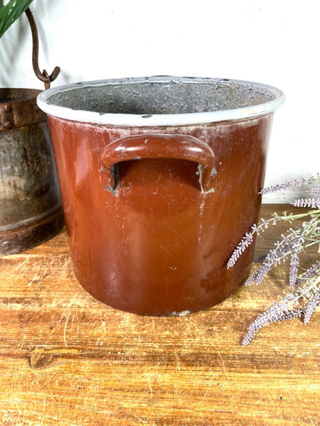 Vintage French brown Enamel Cooking Pot Tub Garden Planter