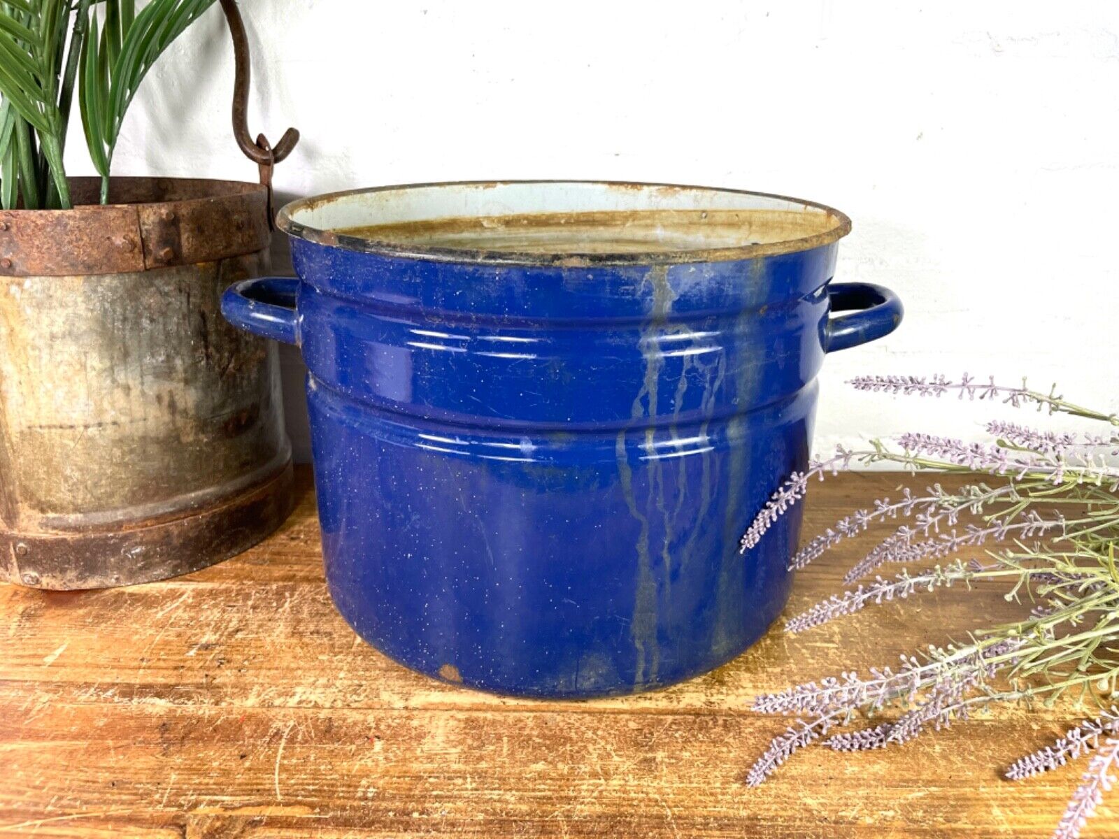 Vintage French blue Enamel Cooking Pot Tub Garden Planter