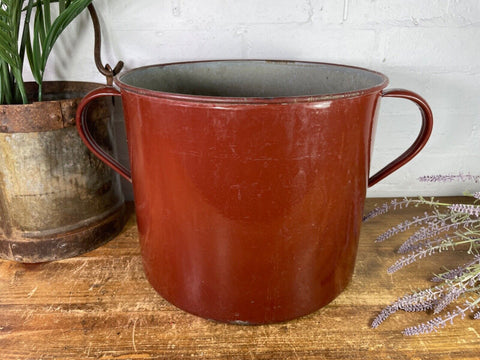 Vintage French brown Enamel Cooking Pot Tub Garden Planter