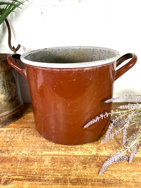 Vintage French brown Enamel Cooking Pot Tub Garden Planter
